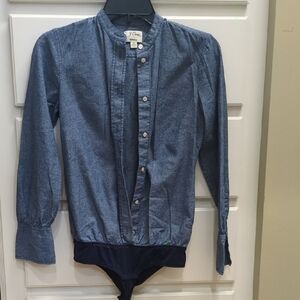 J. Crew Chambray Button-Up Band Collar Bodysuit, Excellent Condition, Size 00